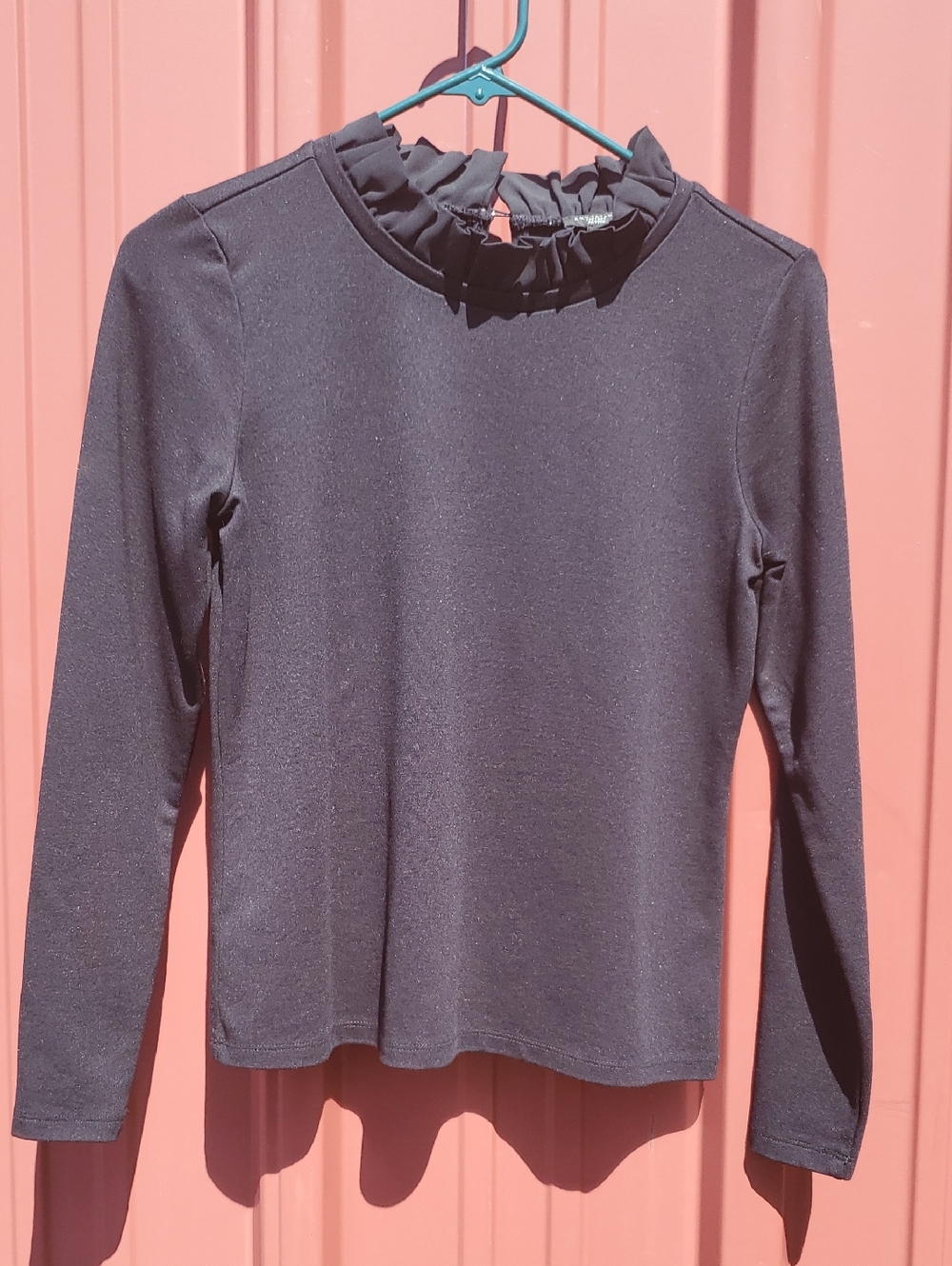 Ann Taylor Factory Black Ruffle-Neck Long Sleeve Top